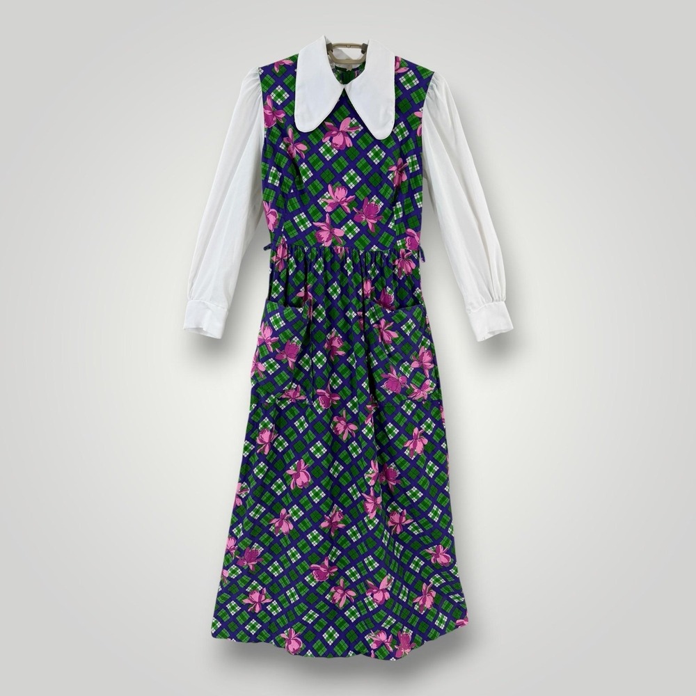 VTG Danville Dress Womens S Floral Plaid Maxi Peter Pan Collar Cottagecore